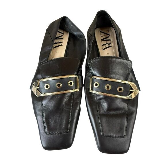 Zara Black Leather Loafers Gold Metal Buckle Square Toe Shoes Size 7.5 US - Picture 4 of 11